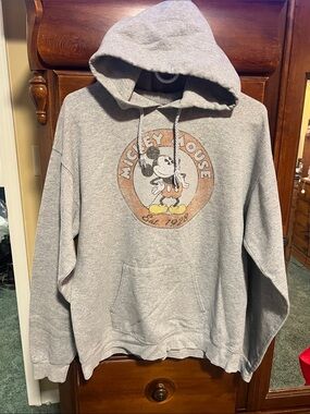 Disney Gray Crewneck Hoodie with Vintage Mickey Mouse Graphic